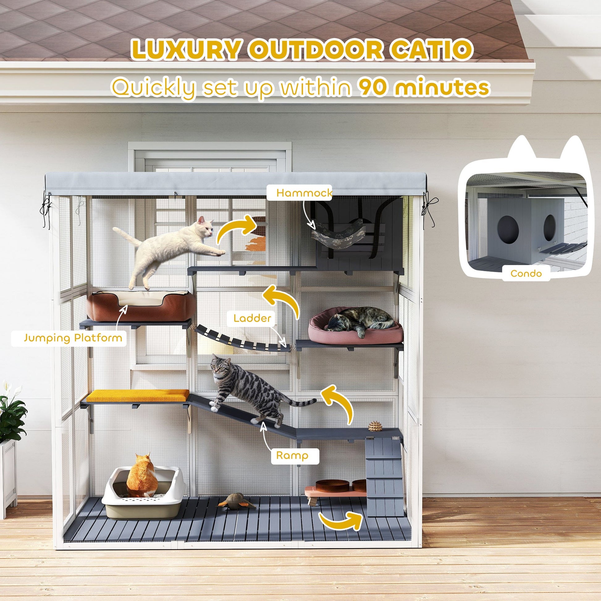 KFX-4390205 Large Outdoor Cat Enclosure with Hammock and Condo for 2-4 Cats, Gray Weather-Resistant Design