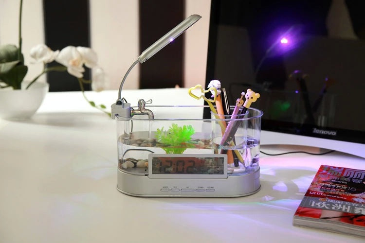 KFX-4395197 Mini USB Desktop Aquarium with Time, Date, Week, Temperature, and Alarm Features, Black Pen Holder