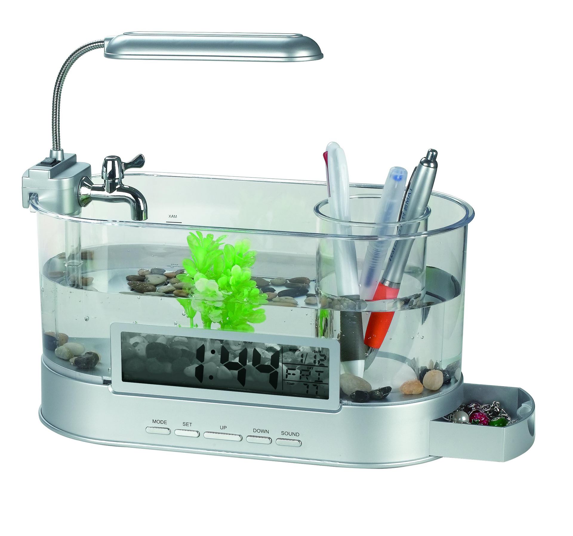 KFX-4395197 Mini USB Desktop Aquarium with Time, Date, Week, Temperature, and Alarm Features, Black Pen Holder