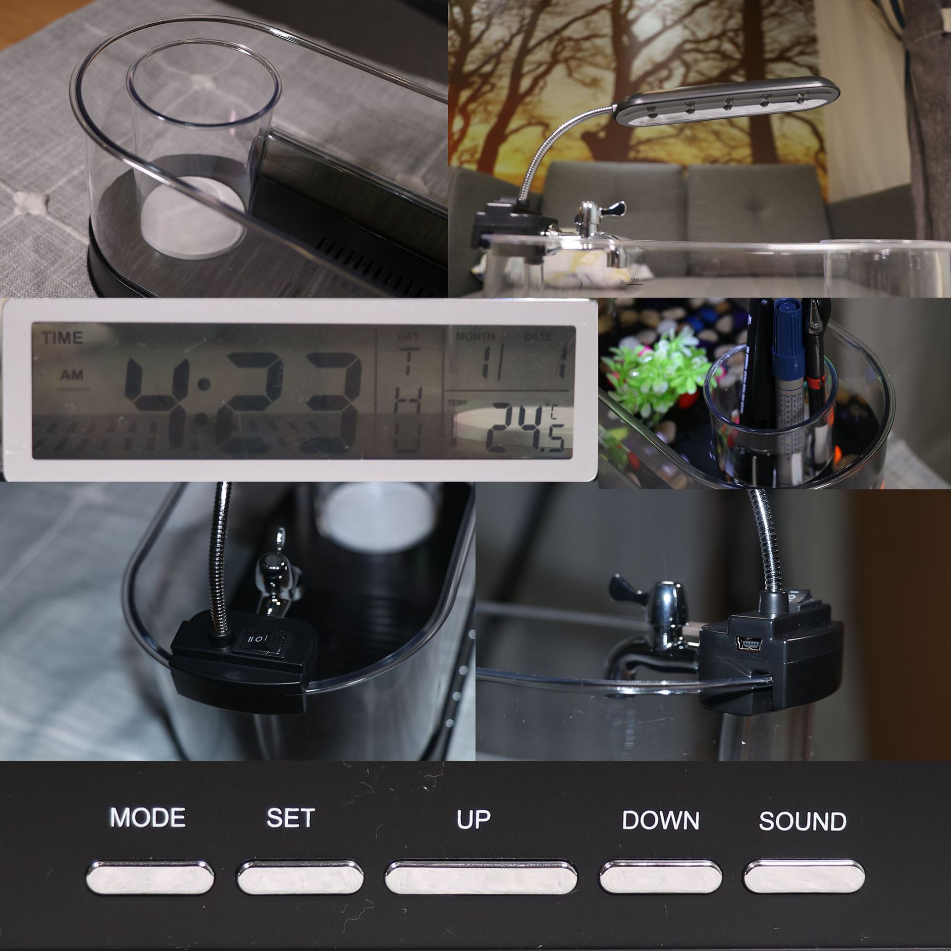 KFX-4395197 Mini USB Desktop Aquarium with Time, Date, Week, Temperature, and Alarm Features, Black Pen Holder