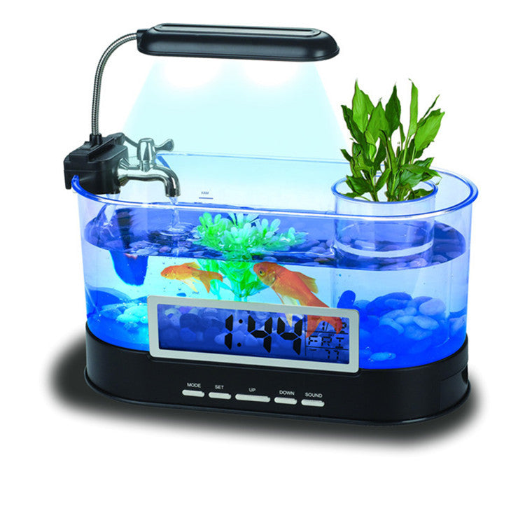KFX-4395197 Mini USB Desktop Aquarium with Time, Date, Week, Temperature, and Alarm Features, Black Pen Holder