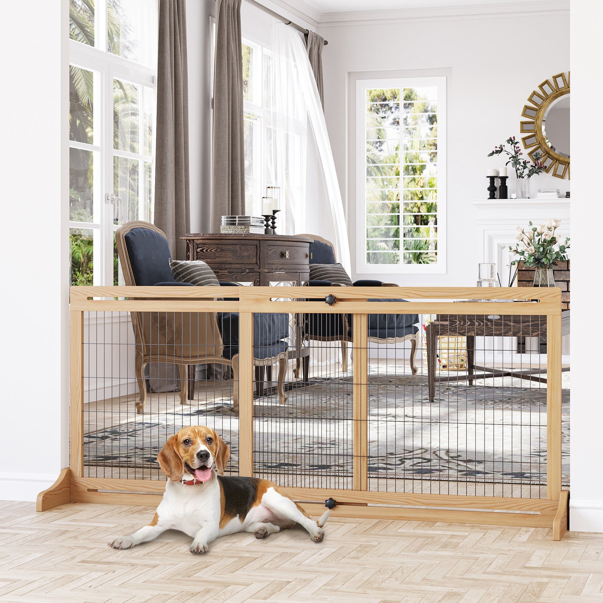 KFX-4397373 Extra Wide Freestanding Pet Gate - Adjustable Length 41" to 72", Durable Pine Wood and Steel, Ideal for Small to Medium Dogs