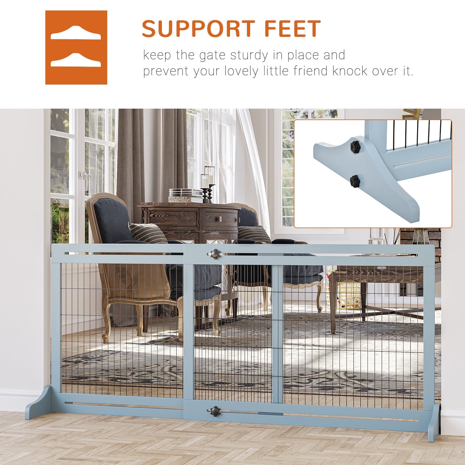 KFX-4397373 Extra Wide Freestanding Pet Gate - Adjustable Length 41" to 72", Durable Pine Wood and Steel, Ideal for Small to Medium Dogs