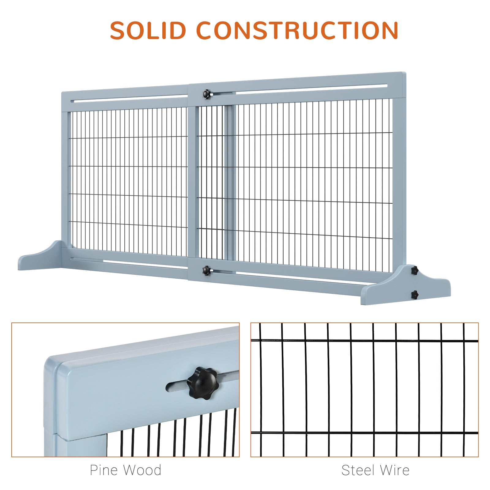 KFX-4397373 Extra Wide Freestanding Pet Gate - Adjustable Length 41" to 72", Durable Pine Wood and Steel, Ideal for Small to Medium Dogs