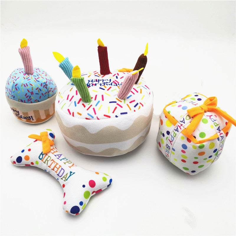 KFX-4407101 Dog Birthday Cake Plush Toy Set - Short Plush Material, Multiple Sizes Available