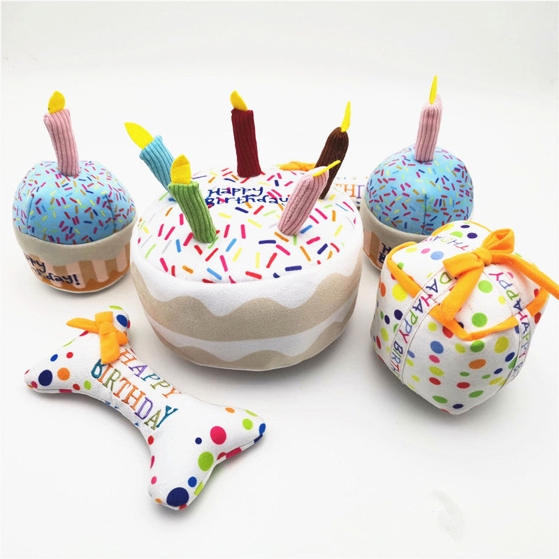 KFX-4407101 Dog Birthday Cake Plush Toy Set - Short Plush Material, Multiple Sizes Available