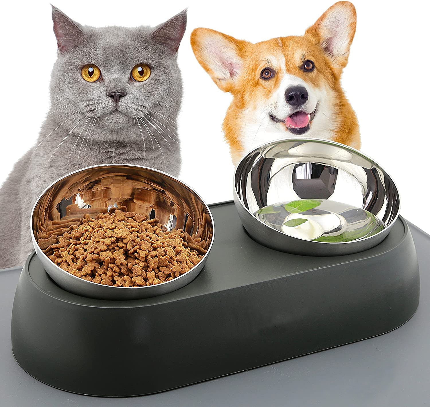 KFX-4407613 Pet Neck Protection Anti-Tumble Bowl for Cats and Dogs - ABS Stainless Steel Design, Single or Double Bowl