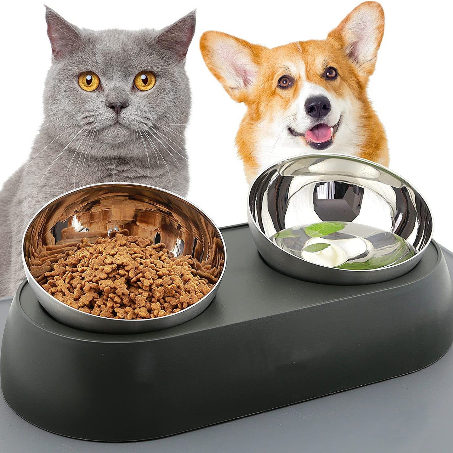 KFX-4407613 Pet Neck Protection Anti-Tumble Bowl for Cats and Dogs - ABS Stainless Steel Design, Single or Double Bowl