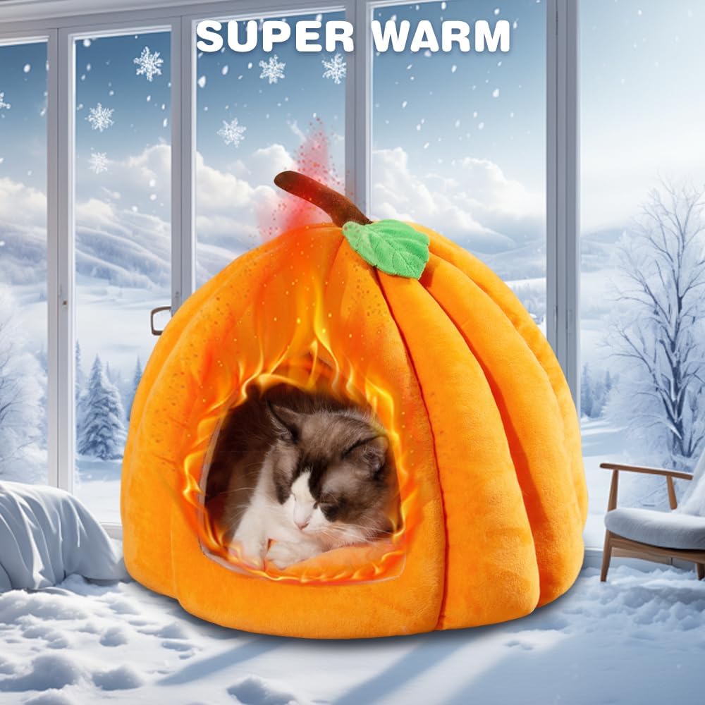 KFX-4410685 Cozy Pumpkin Cat Bed for Indoor Cats and Small Pets - Soft, Warm Cat Cave with Removable Washable Mat