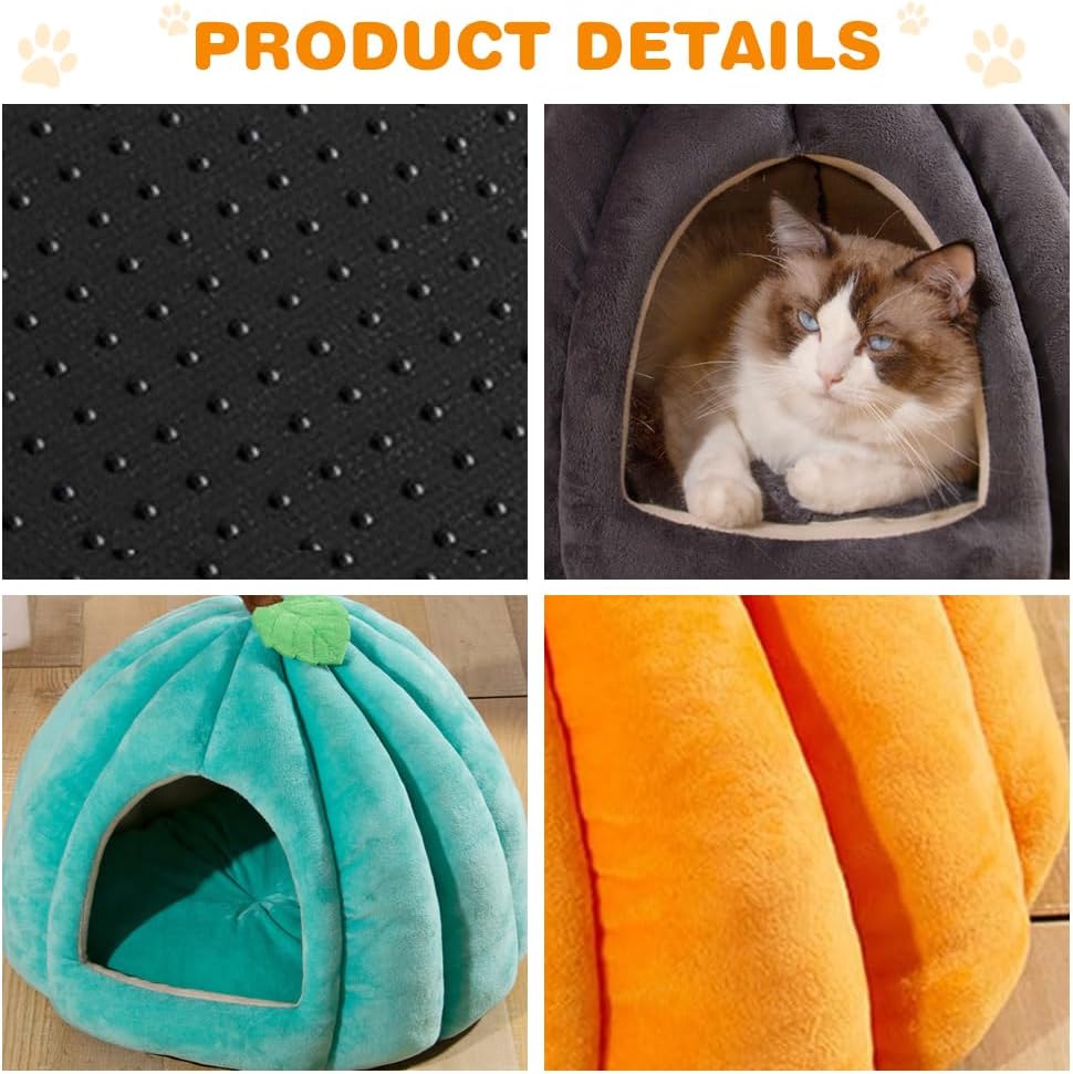 KFX-4410685 Cozy Pumpkin Cat Bed for Indoor Cats and Small Pets - Soft, Warm Cat Cave with Removable Washable Mat