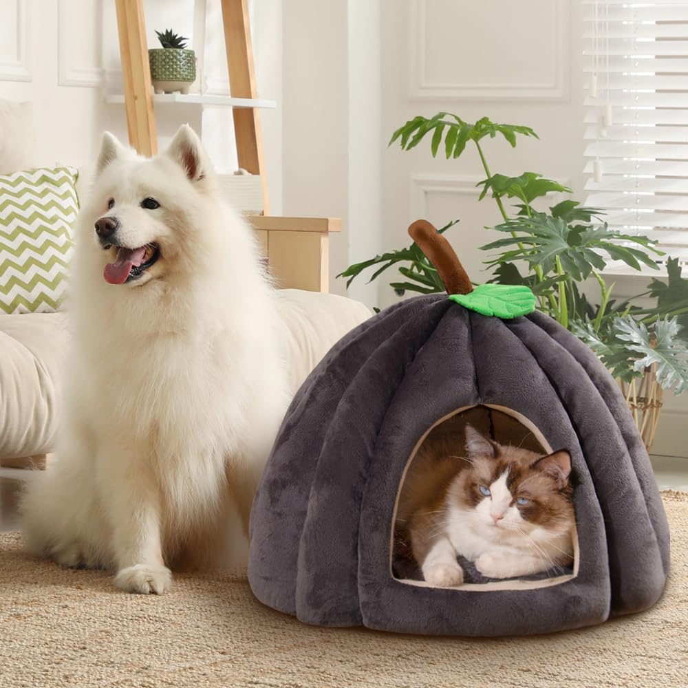 KFX-4410685 Cozy Pumpkin Cat Bed for Indoor Cats and Small Pets - Soft, Warm Cat Cave with Removable Washable Mat