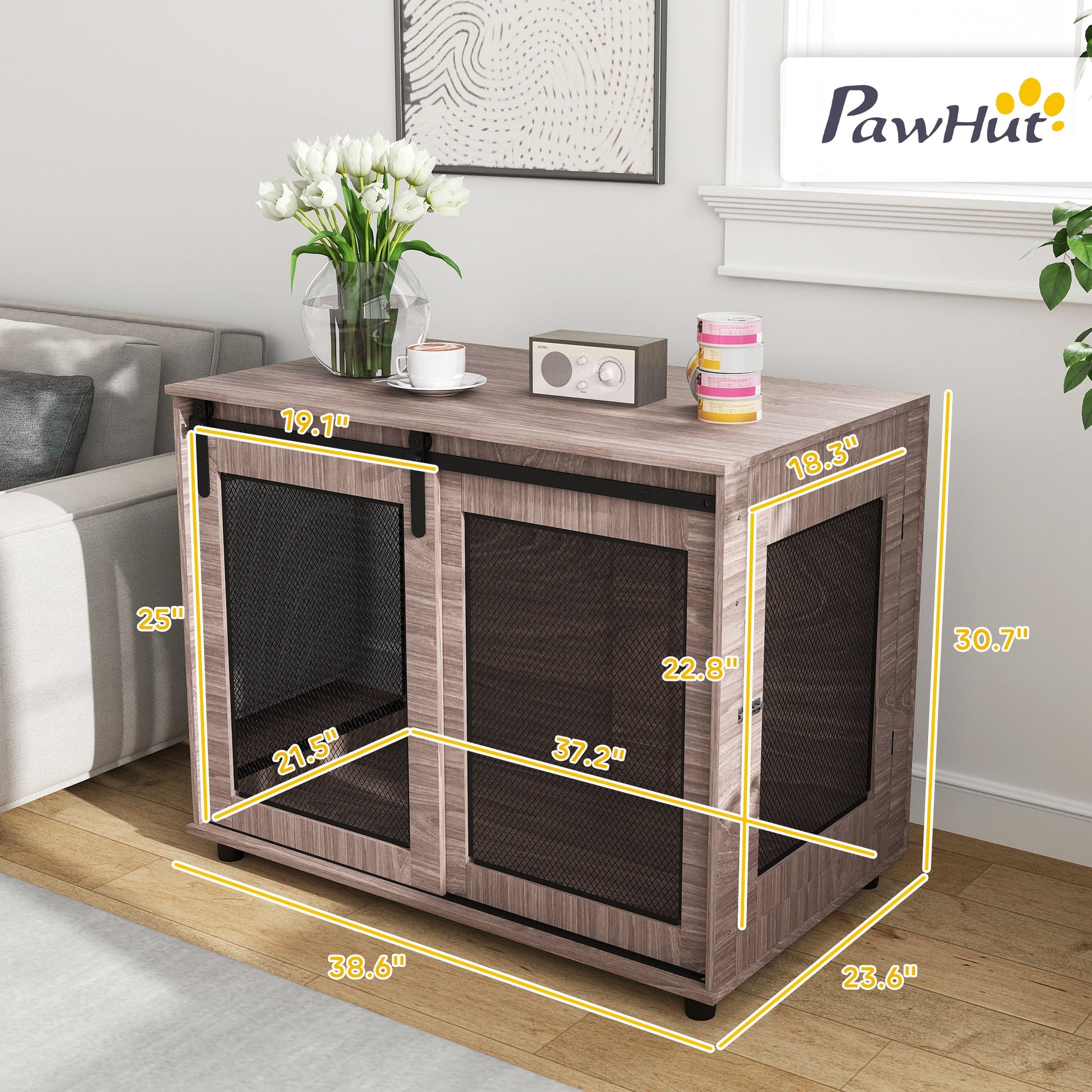 KFX-4416829 Walnut Brown Dog Crate Furniture with Sliding Barn Door for Large Dogs, 39" End Table Design