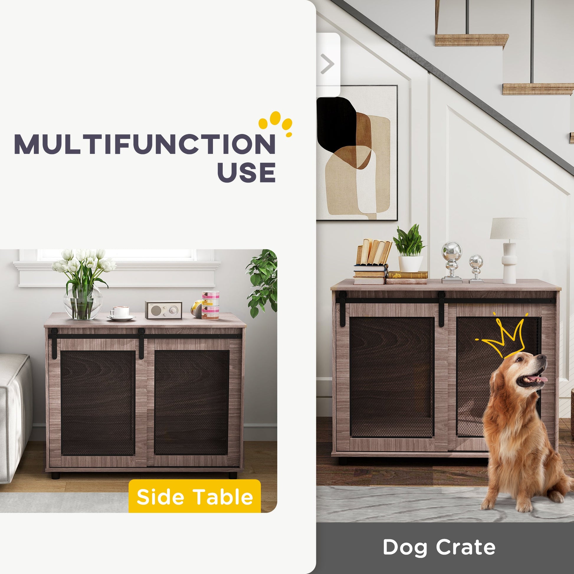 KFX-4416829 Walnut Brown Dog Crate Furniture with Sliding Barn Door for Large Dogs, 39" End Table Design