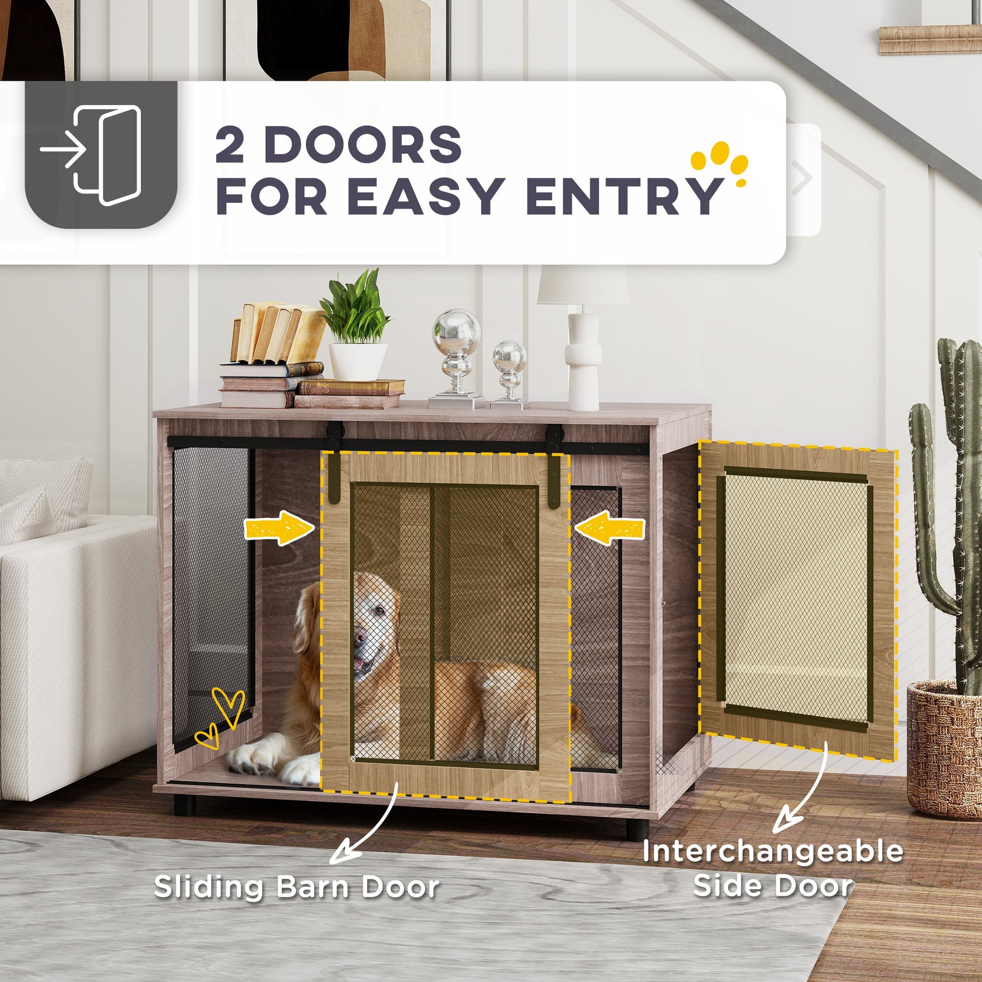 KFX-4416829 Walnut Brown Dog Crate Furniture with Sliding Barn Door for Large Dogs, 39" End Table Design