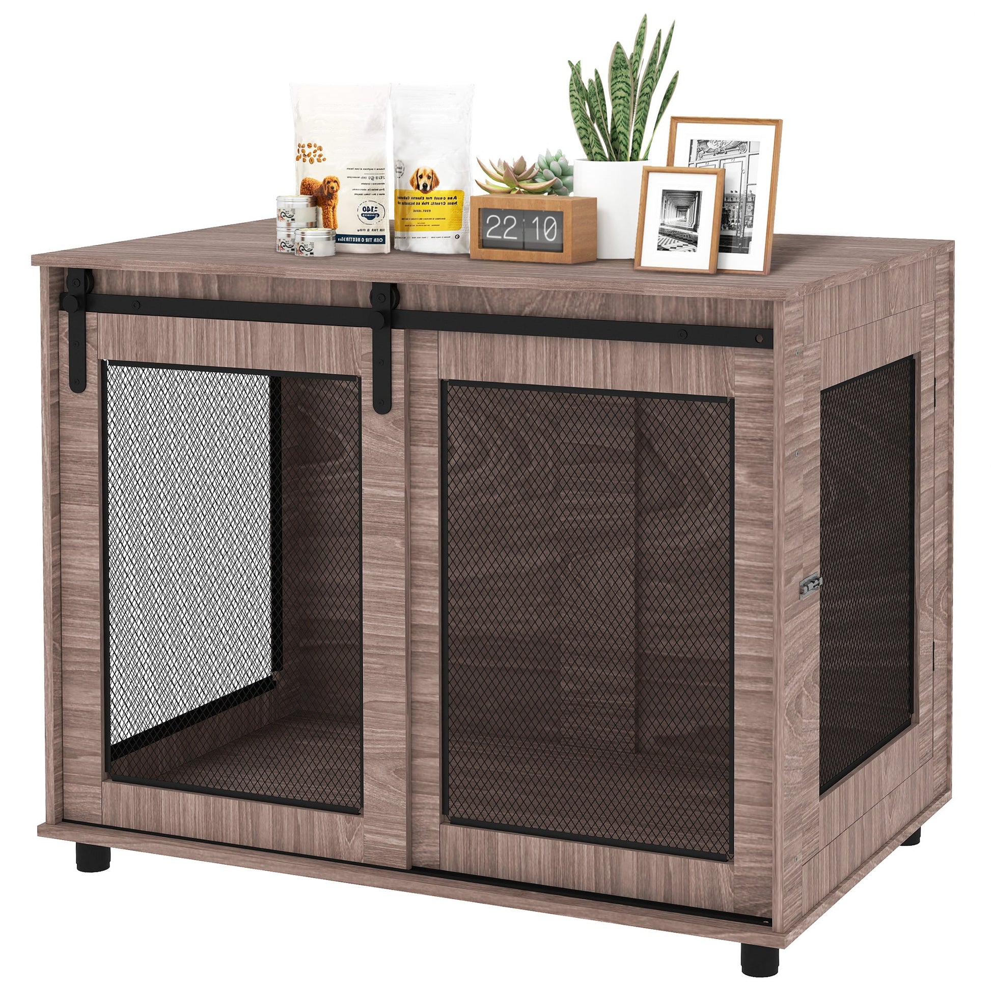 KFX-4416829 Walnut Brown Dog Crate Furniture with Sliding Barn Door for Large Dogs, 39" End Table Design