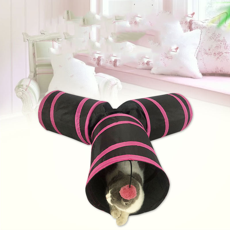 KFX-4418237 Y-shaped Foldable Cat Tunnel with Drill Hole - Pink and Blue Edging, 25x35x3cm Pet Nest
