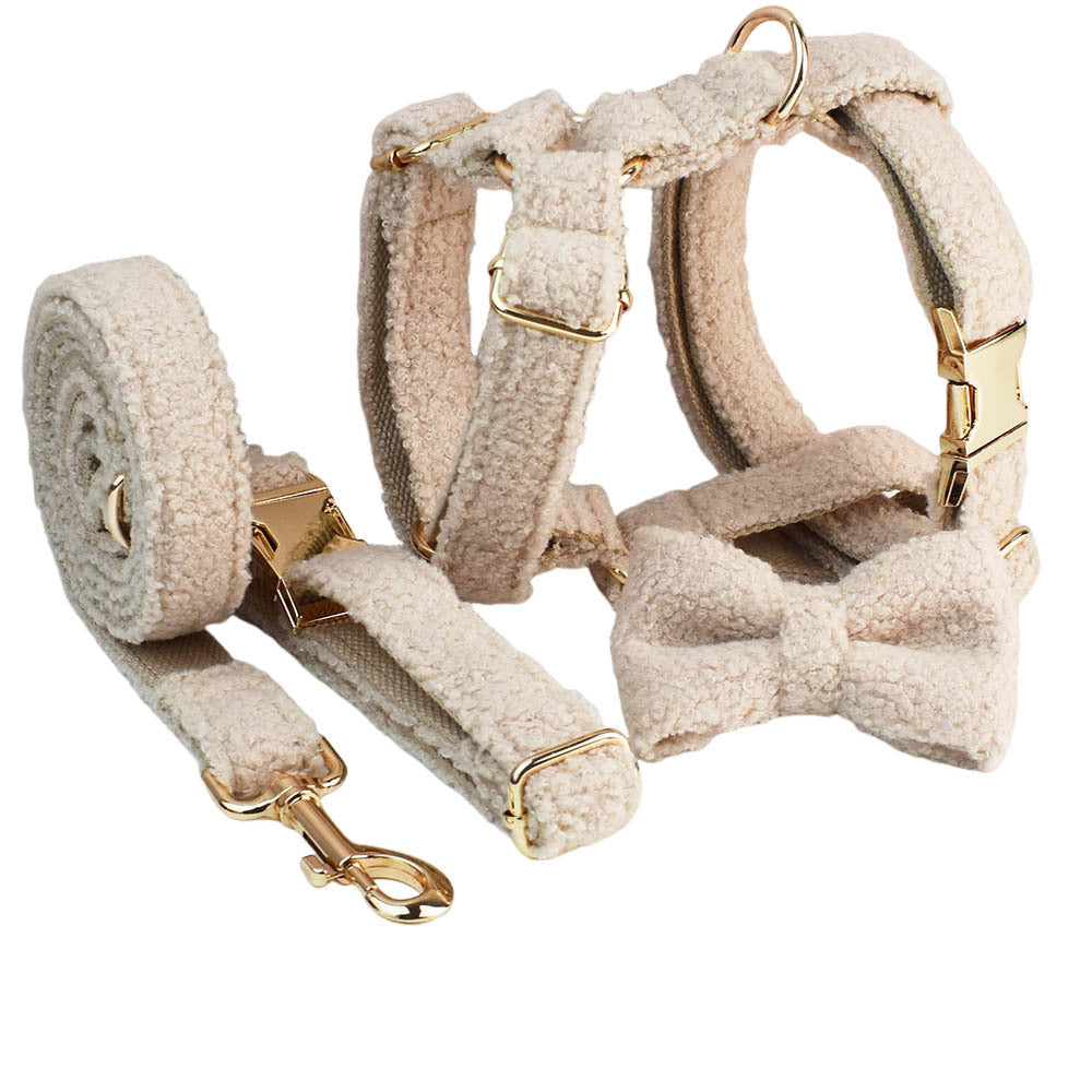 KFX-4420925 Minimalist Cream Pet Collar and Harness Set with Leash and Bow