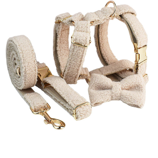 KFX-4420925 Minimalist Cream Pet Collar and Harness Set with Leash and Bow