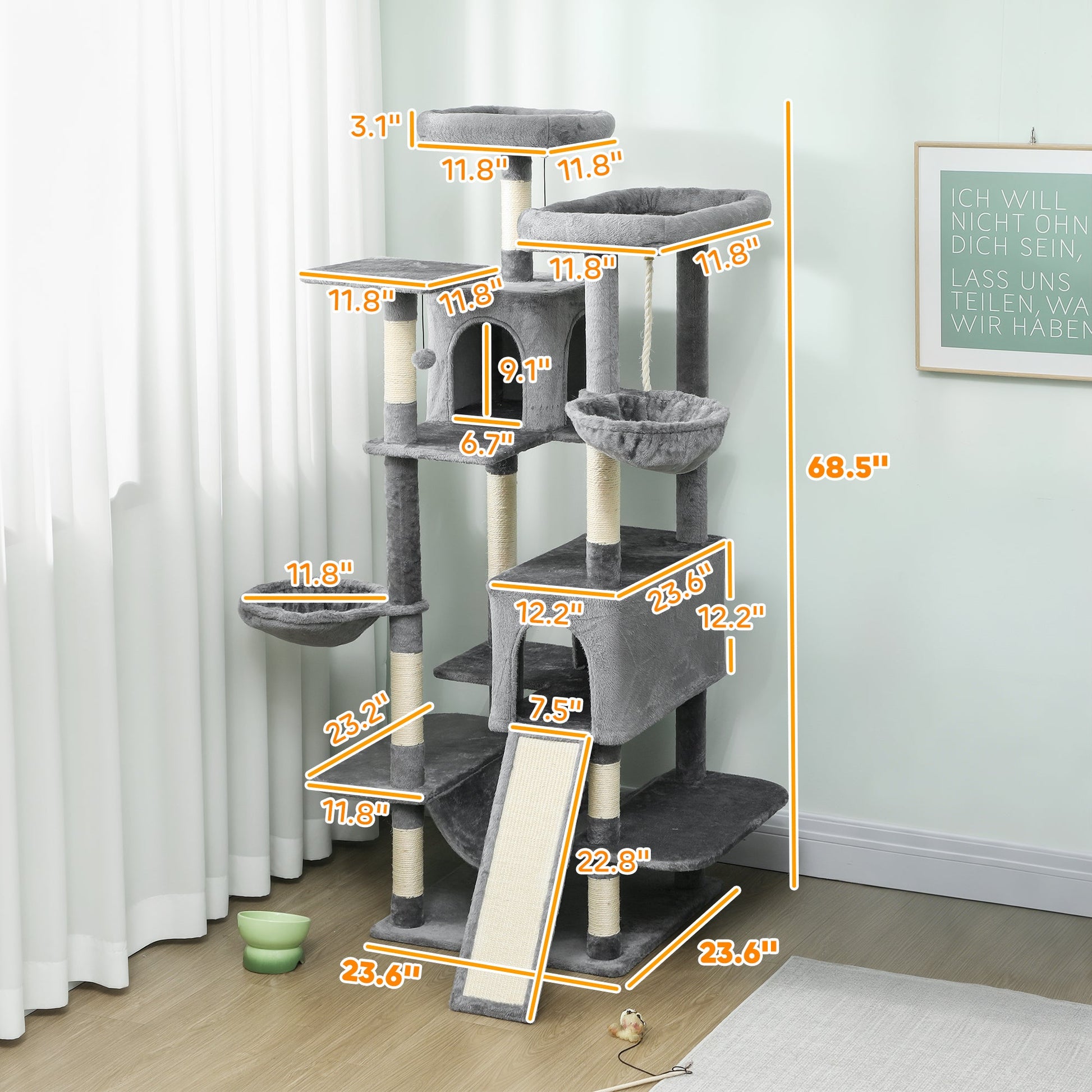 KFX-4422205 Multi-Level Cat Tree Tower with 2 Condos, 3 Hammocks, 8 Scratching Posts, Dark Gray