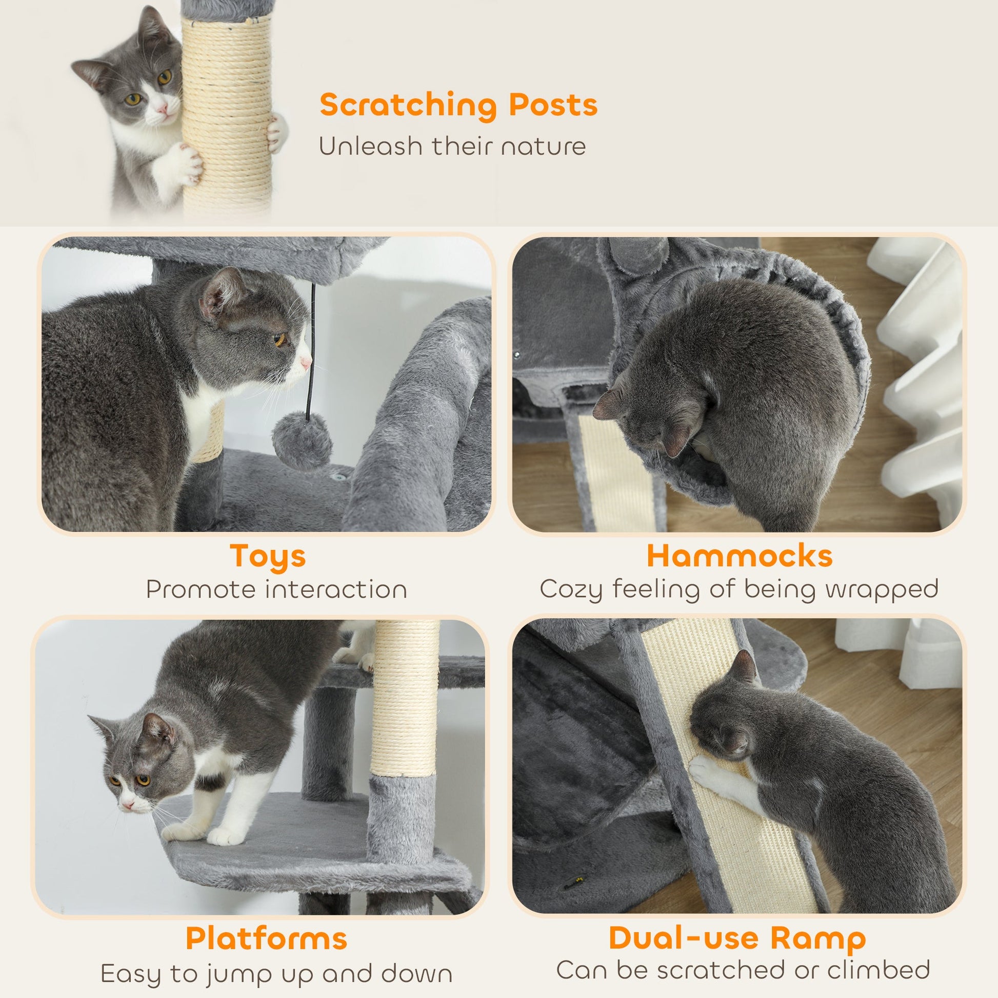 KFX-4422205 Multi-Level Cat Tree Tower with 2 Condos, 3 Hammocks, 8 Scratching Posts, Dark Gray
