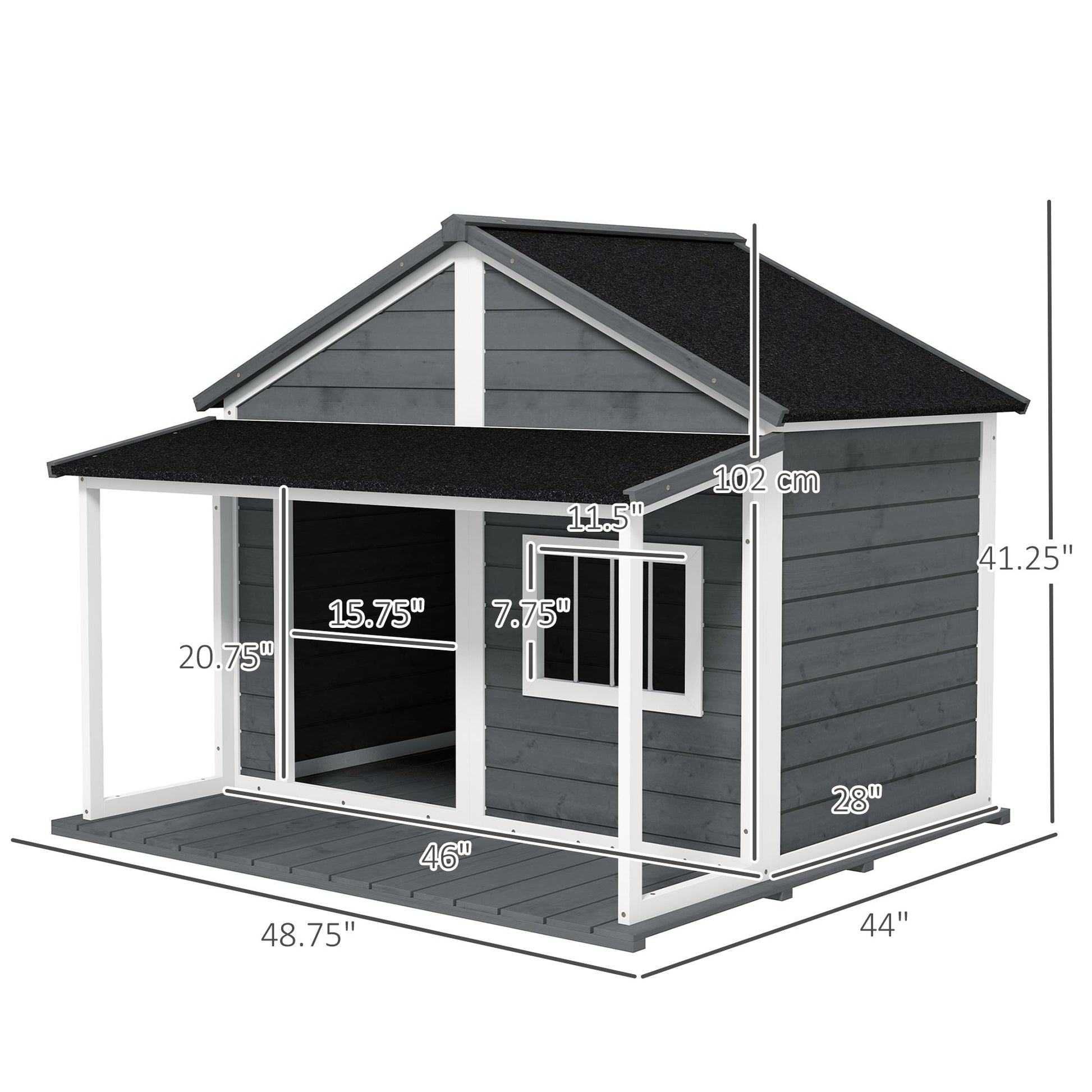 KFX-4422589 Outdoor Cabin-Style Dog House for Medium Dogs up to 53 lbs, Gray Fir Wood with Porch and Asphalt Roof