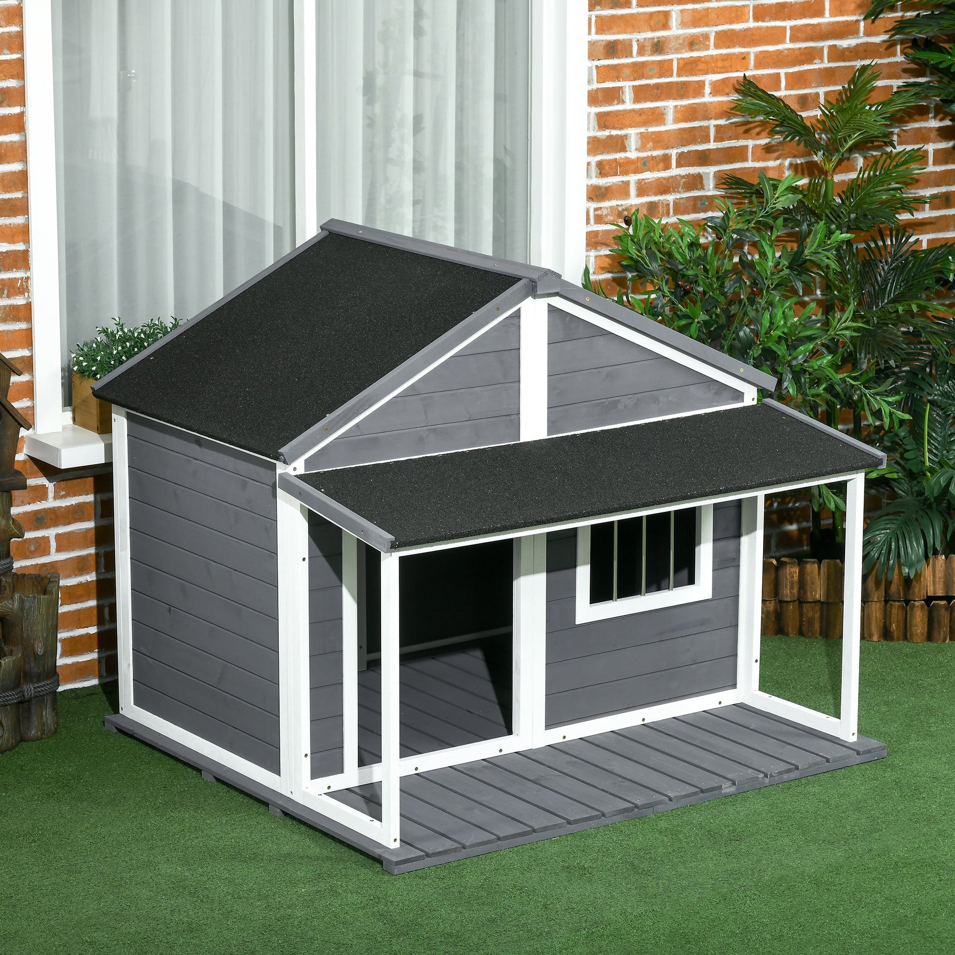 KFX-4422589 Outdoor Cabin-Style Dog House for Medium Dogs up to 53 lbs, Gray Fir Wood with Porch and Asphalt Roof