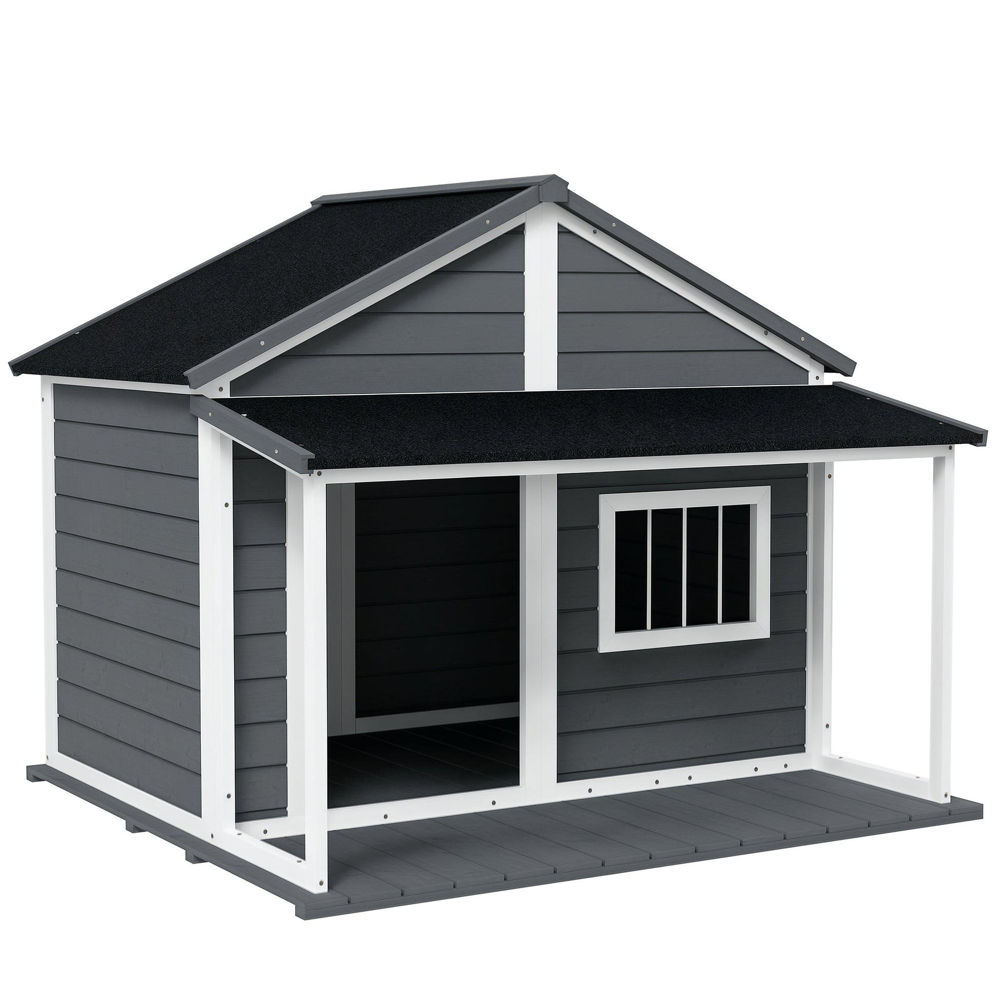 KFX-4422589 Outdoor Cabin-Style Dog House for Medium Dogs up to 53 lbs, Gray Fir Wood with Porch and Asphalt Roof
