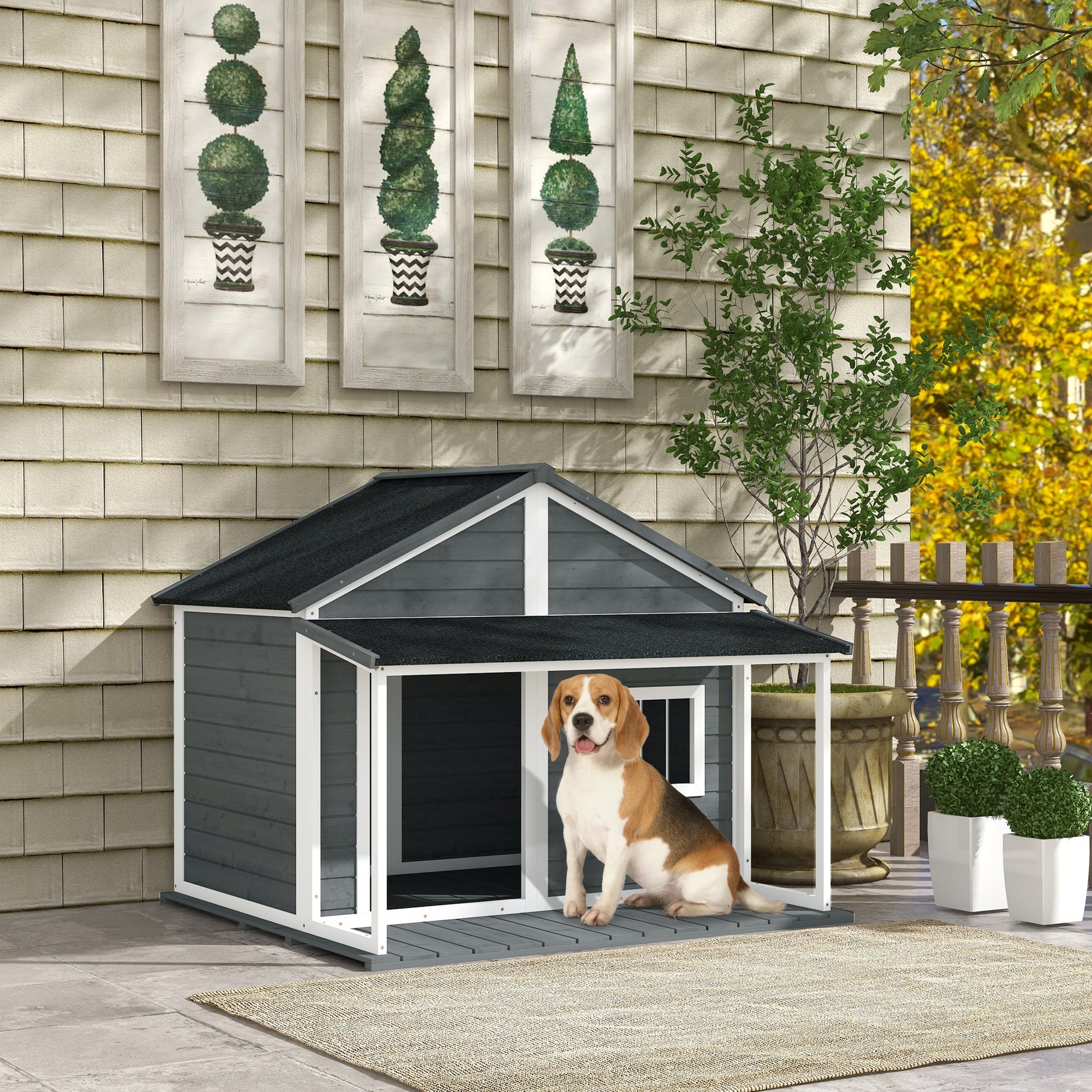 KFX-4422589 Outdoor Cabin-Style Dog House for Medium Dogs up to 53 lbs, Gray Fir Wood with Porch and Asphalt Roof