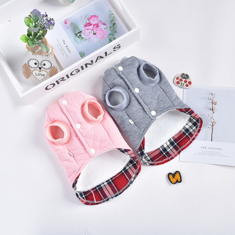 KFX-4424509 Warm Teddy Top for Small Dogs - Two-Legged Rhombus Design in Gray and Pink, Multiple Sizes Available