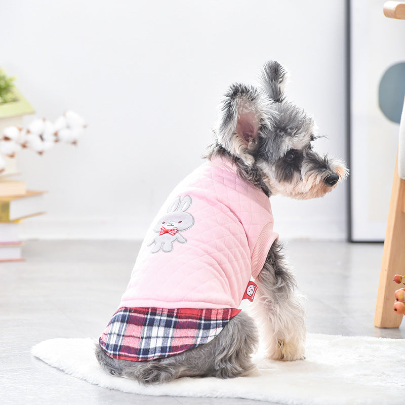 KFX-4424509 Warm Teddy Top for Small Dogs - Two-Legged Rhombus Design in Gray and Pink, Multiple Sizes Available