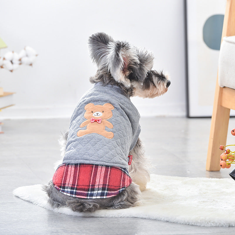 KFX-4424509 Warm Teddy Top for Small Dogs - Two-Legged Rhombus Design in Gray and Pink, Multiple Sizes Available