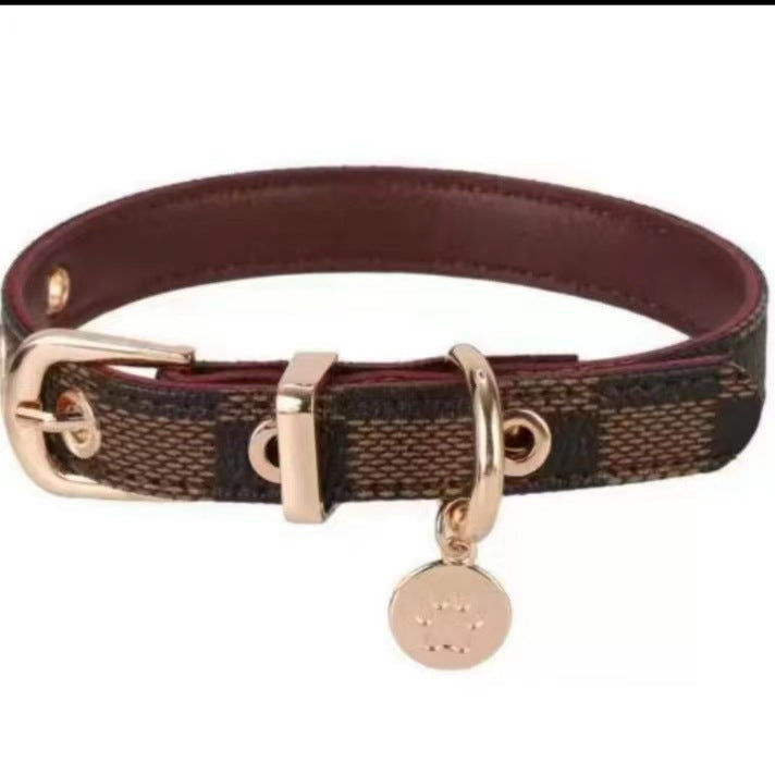KFX-4426685 Floral Pattern PU Leather Pet Collar with Matching Leash - Milky White, Brown, Dark Gray Plads