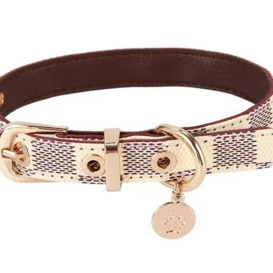 KFX-4426685 Floral Pattern PU Leather Pet Collar with Matching Leash - Milky White, Brown, Dark Gray Plads