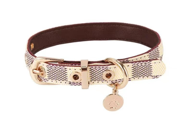 KFX-4426685 Floral Pattern PU Leather Pet Collar with Matching Leash - Milky White, Brown, Dark Gray Plads