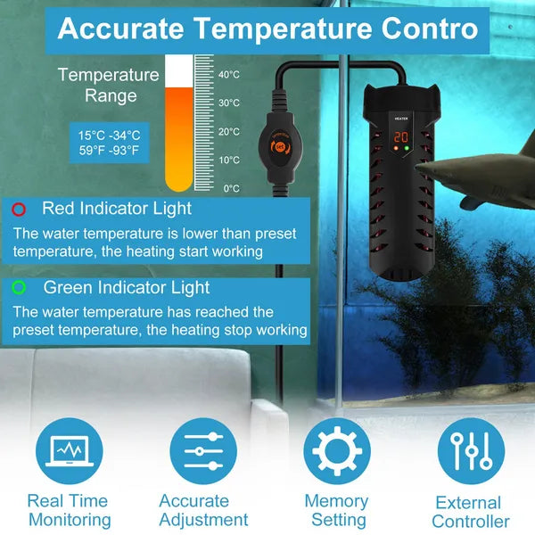 KFX-4427965 500W Submersible Aquarium Heater with Adjustable Temperature and External Controller for Freshwater and Saltwater Tanks