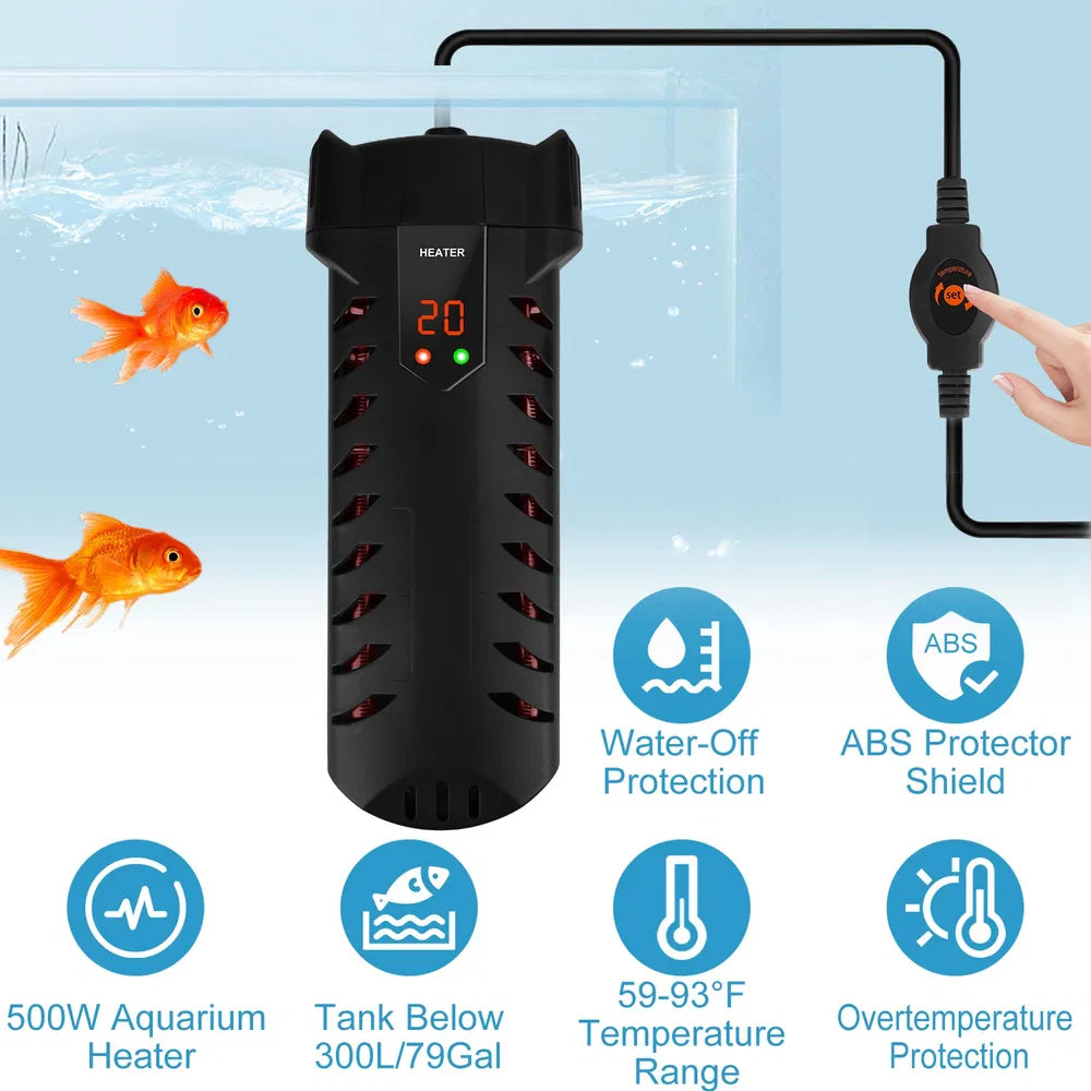 KFX-4427965 500W Submersible Aquarium Heater with Adjustable Temperature and External Controller for Freshwater and Saltwater Tanks