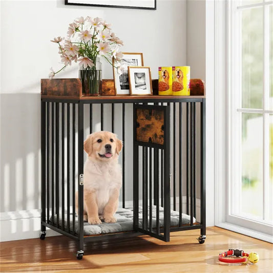 KFX-4428349 2-in-1 Pet Crate Furniture with Lockable Wheels and Sturdy Metal Frame for Small Dogs