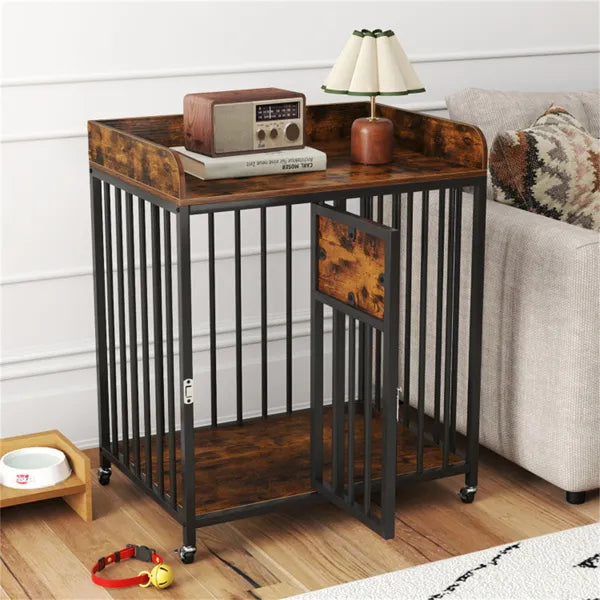 KFX-4428349 2-in-1 Pet Crate Furniture with Lockable Wheels and Sturdy Metal Frame for Small Dogs