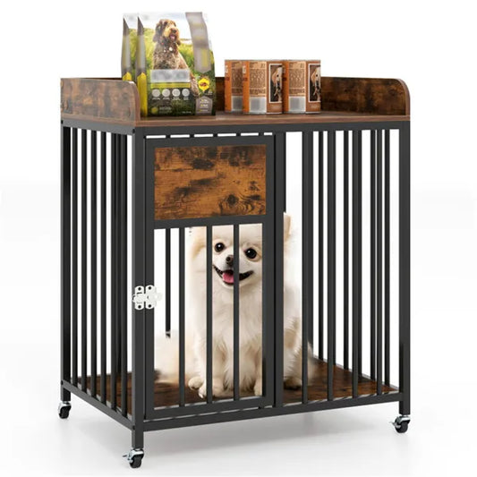 KFX-4428349 2-in-1 Pet Crate Furniture with Lockable Wheels and Sturdy Metal Frame for Small Dogs