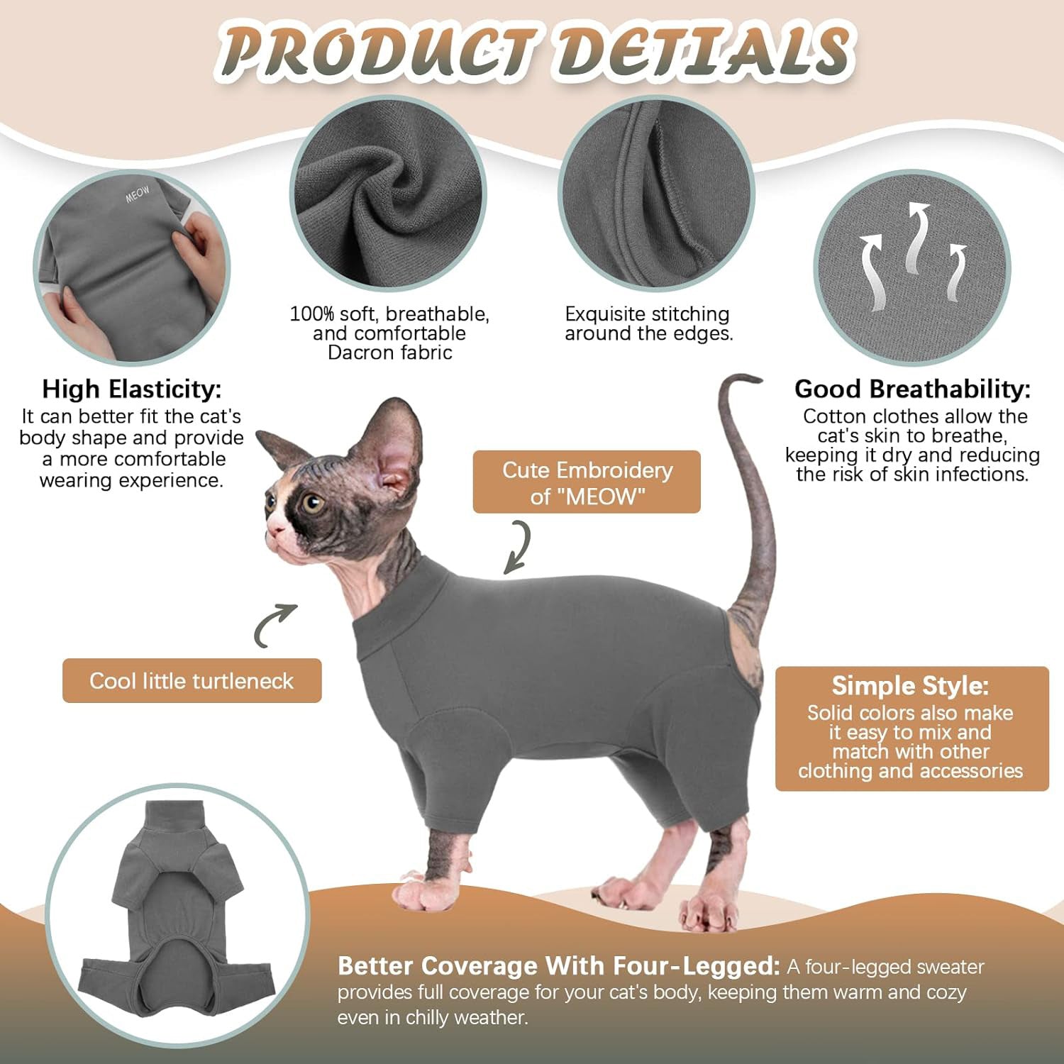 KFX-4431933 Soft Warm Turtleneck Sweater for Hairless Cats and Puppies - Comfortable Winter Pajamas with Sleeves