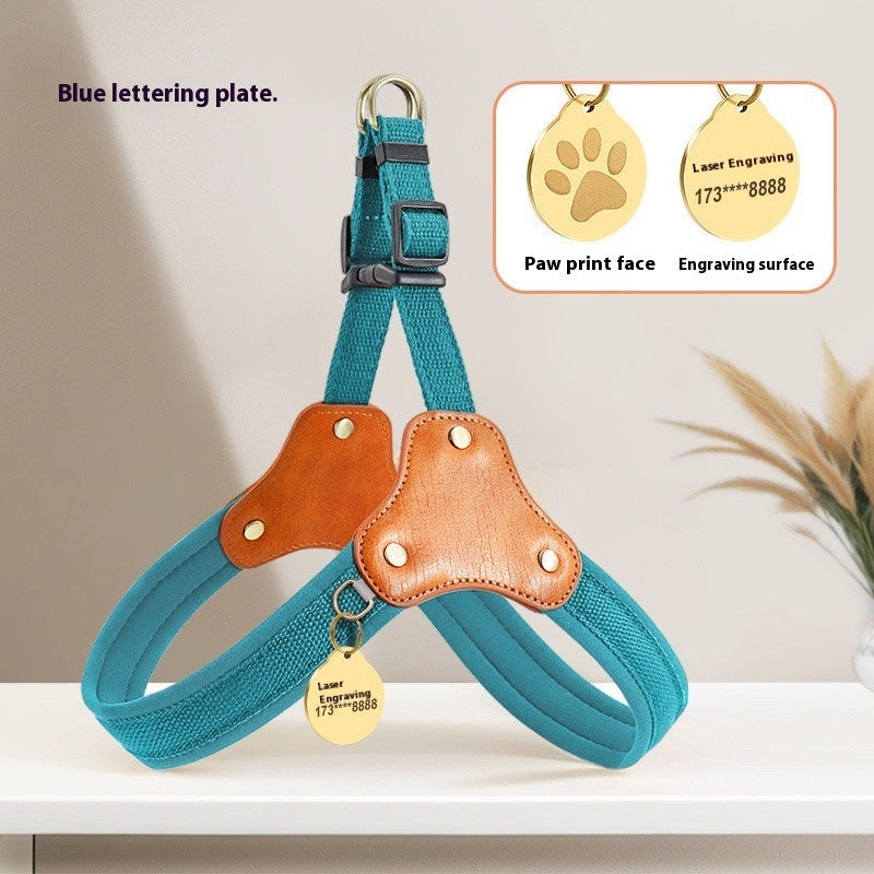 KFX-4433725 Small Dog Chest and Back Leash with Engraved Plaque - Durable Cloth Pet Harness