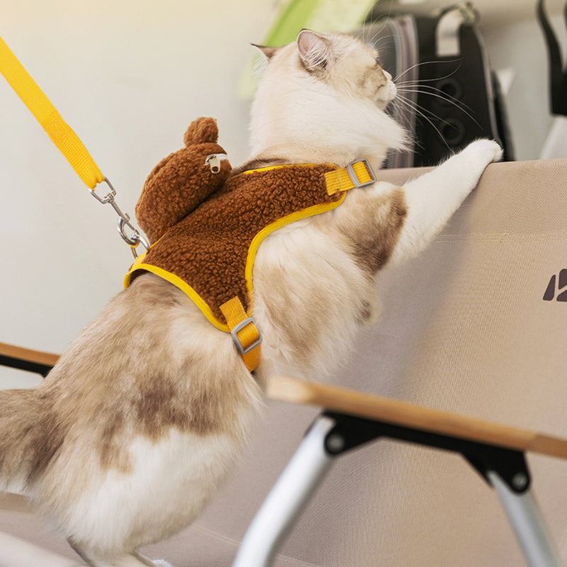 KFX-4445757 Adorable Animal Plush Harness and Leash Set for Cats and Dogs - Comfortable, Adjustable Design with Cute Pouch