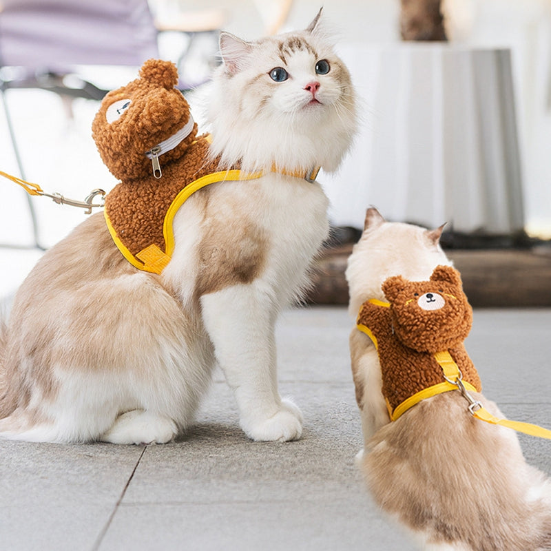 KFX-4445757 Adorable Animal Plush Harness and Leash Set for Cats and Dogs - Comfortable, Adjustable Design with Cute Pouch