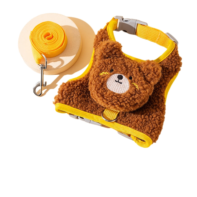 KFX-4445757 Adorable Animal Plush Harness and Leash Set for Cats and Dogs - Comfortable, Adjustable Design with Cute Pouch