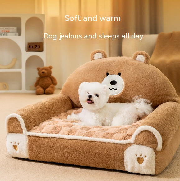 KFX-4446013 Cozy Winter Dog Bed for Small and Medium Dogs - Angora Corduroy Sofa in Brown Bear and Purple Lamb