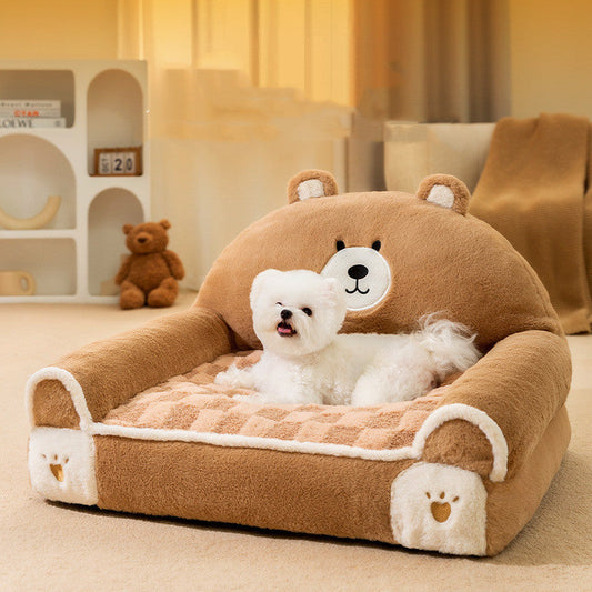 KFX-4446013 Cozy Winter Dog Bed for Small and Medium Dogs - Angora Corduroy Sofa in Brown Bear and Purple Lamb