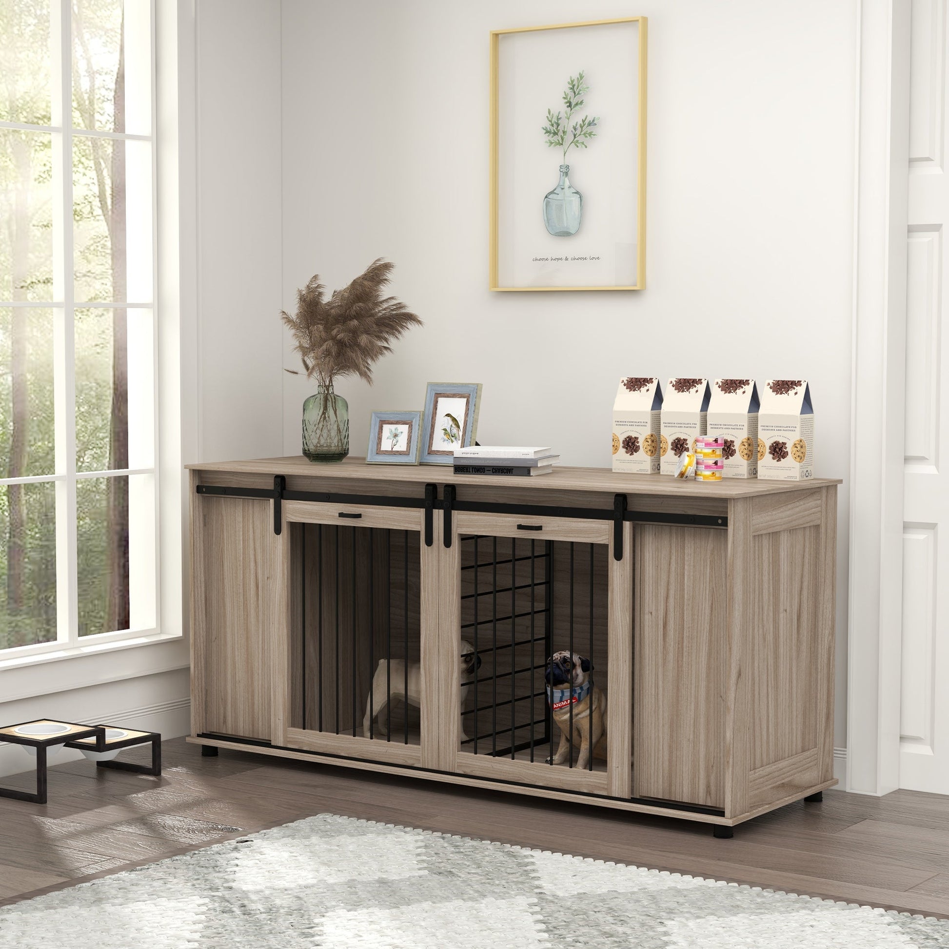 KFX-4449597 Modern Walnut Dog Kennel Furniture with Removable Divider for 2 Small Dogs or 1 Large Dog