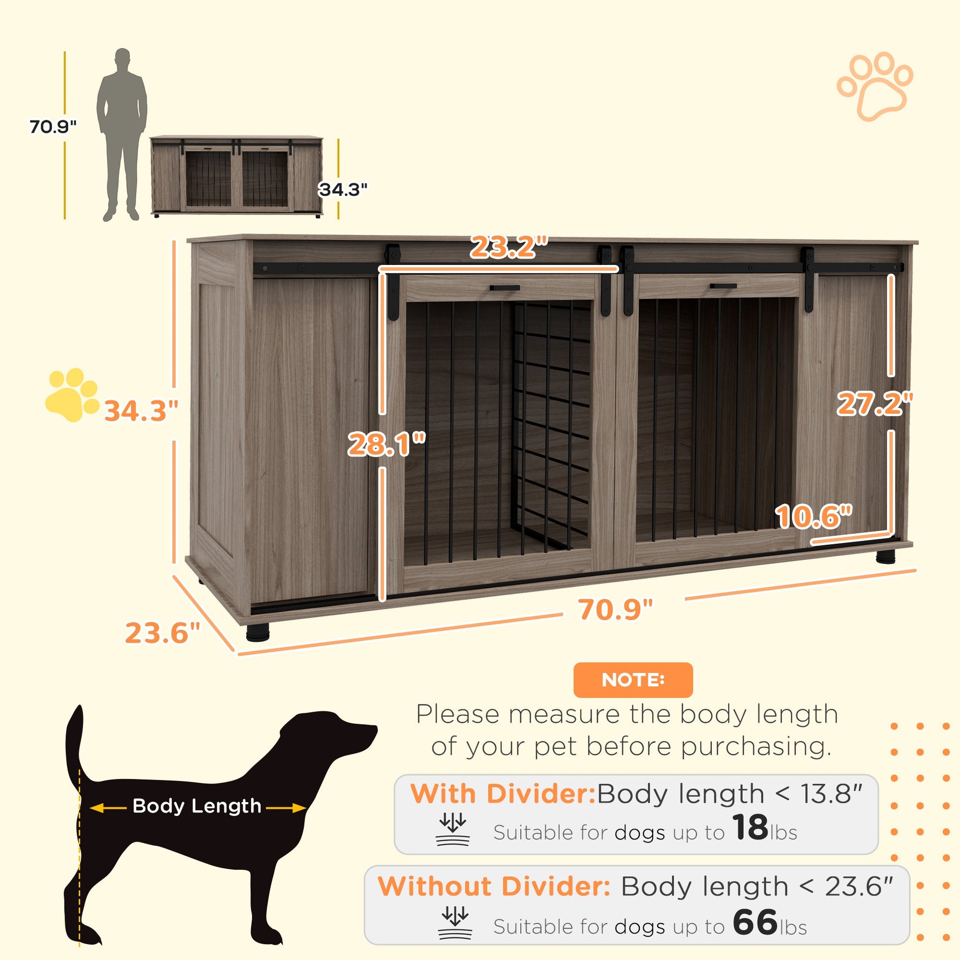 KFX-4449597 Modern Walnut Dog Kennel Furniture with Removable Divider for 2 Small Dogs or 1 Large Dog