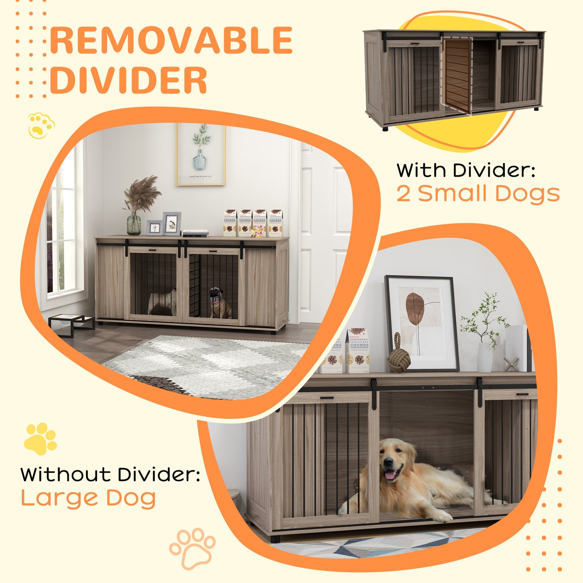 KFX-4449597 Modern Walnut Dog Kennel Furniture with Removable Divider for 2 Small Dogs or 1 Large Dog