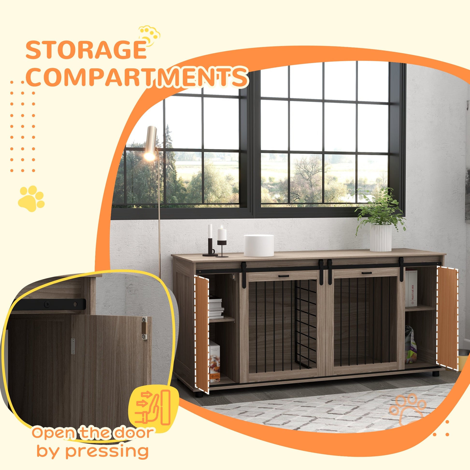 KFX-4449597 Modern Walnut Dog Kennel Furniture with Removable Divider for 2 Small Dogs or 1 Large Dog